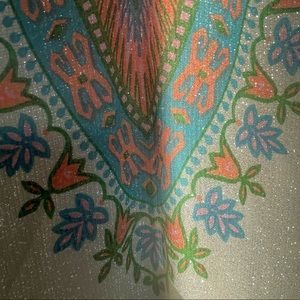 70s Vintage Shimmery Maxi DressTunic Style bright print floral, adjustable tie